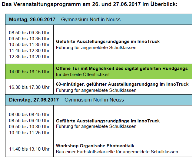 InnoTruck Programm Gymnasium Norf uebersicht